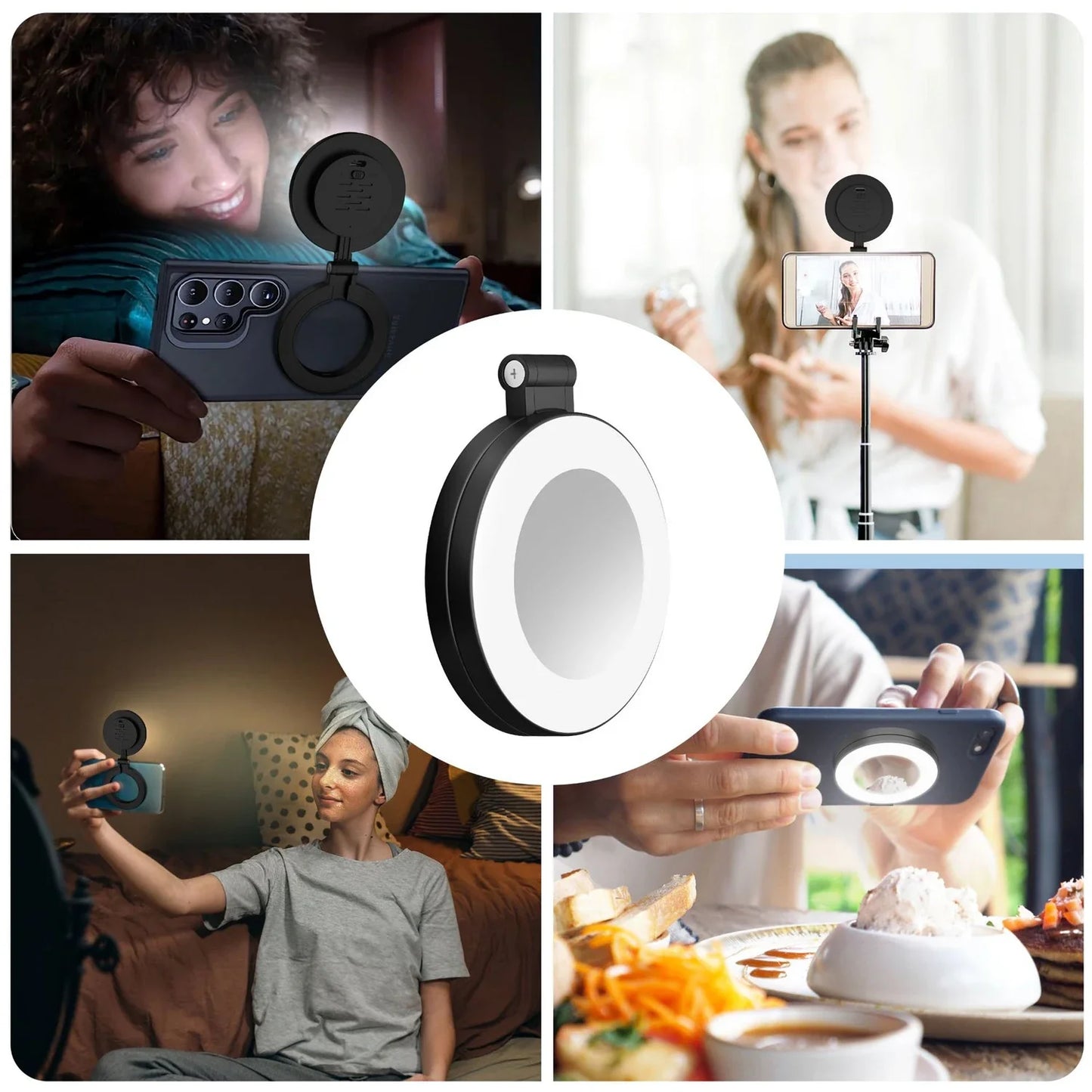 Portable Magnetic Selfie Ring Light with Built-in Mirror, Foldable 180° LED Phone Flash Compatible with MagSafe