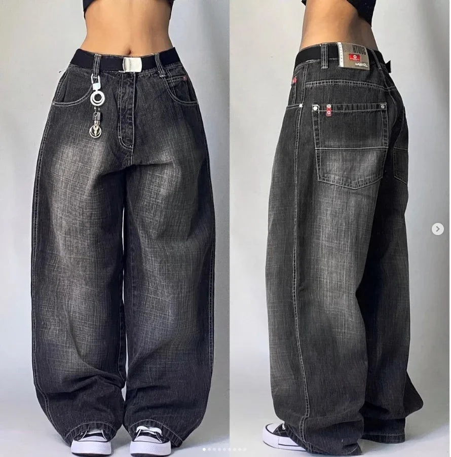 2024 Retro Y2K High-Waisted Straight-Leg Baggy Jeans for Women – Harajuku Street Style Washed Denim with Pockets