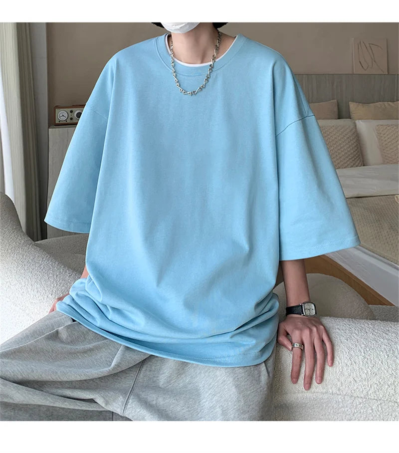 Men’s Oversized White Cotton T-Shirt – Solid Color Summer Casual Fashion Tee, Size up to 5XL
