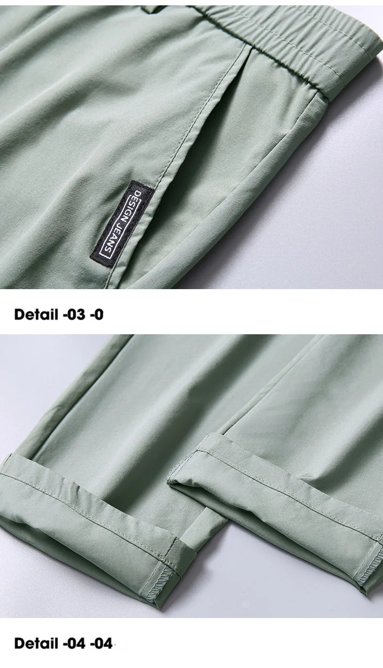 Men's Summer Silk-Feel Stretch Trousers – Lightweight Classic Business Casual Pants with Elastic Waist – Korean Style Smooth Suit Pants in Black or Gray