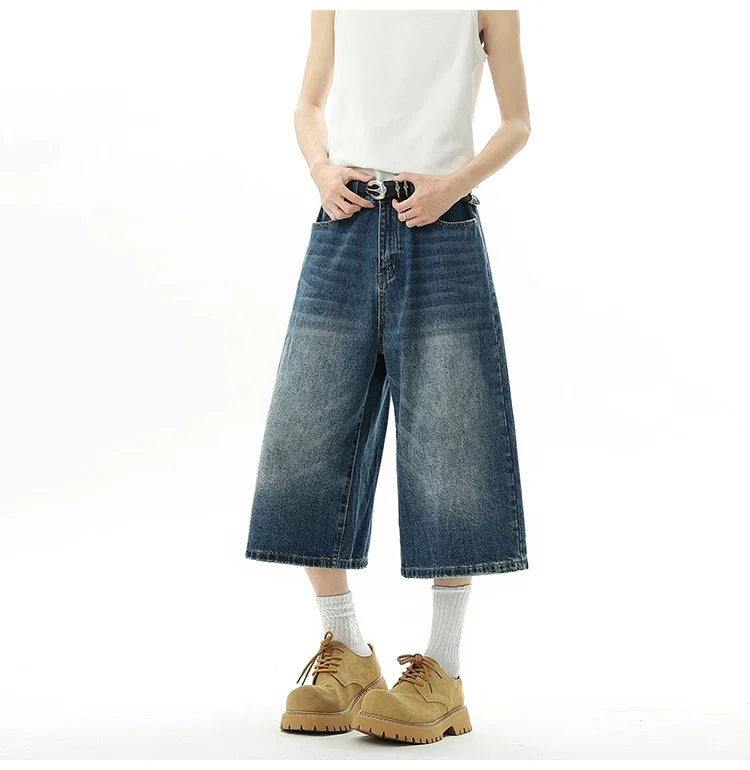 Men's Baggy Denim Shorts – Retro Y2K Casual Wide-Leg Calf-Length Jeans for Summer Streetwear