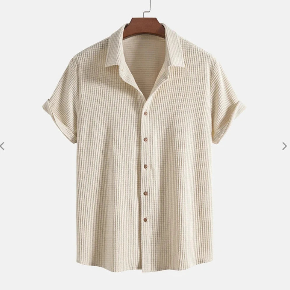 Lightweight Summer Men’s Casual Short Sleeve Solid Color Single-Breasted Loose Beach Shirt