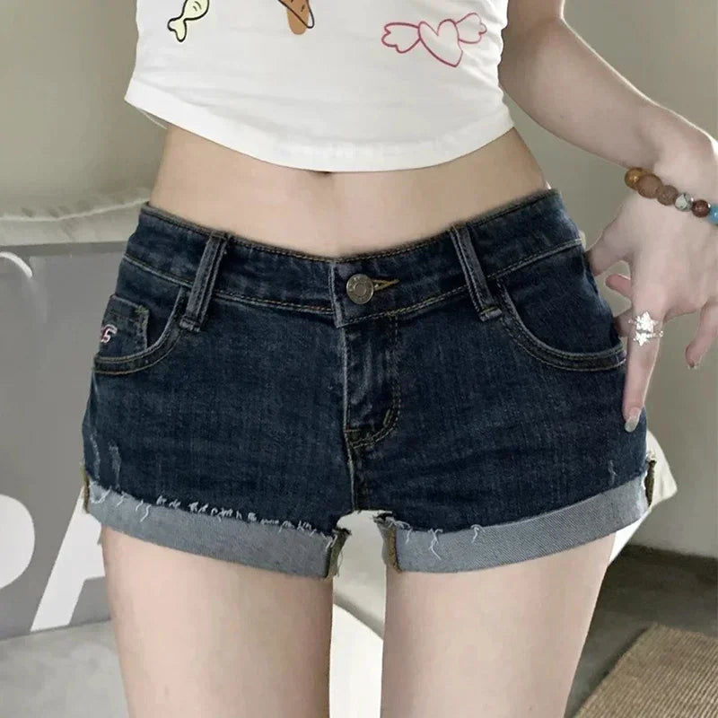 2024 New Summer Women’s Y2K Style Denim Shorts, Sexy Low-Waist Hot Pants, Korean Deep Blue Hip-Hugging Jeans