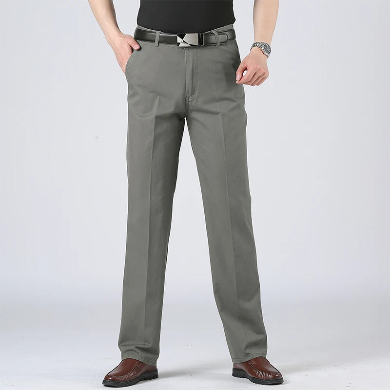 Men's Solid Cotton Straight-Leg Chino Pants – Business Casual Trousers with Belt, Ideal for Autumn & Winter – Classic Formal Style for Adults & Seniors