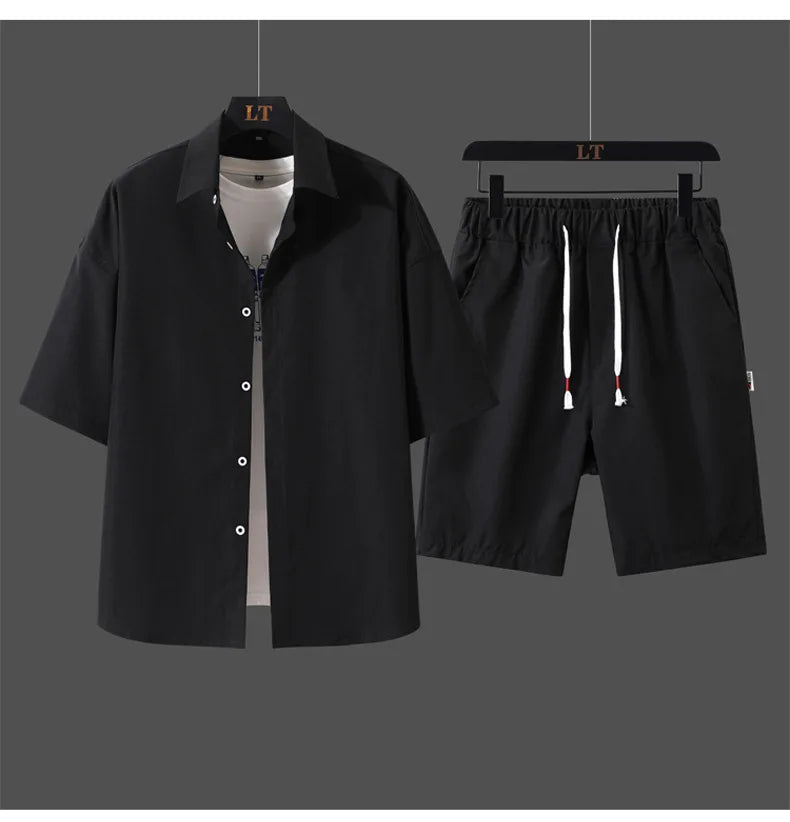 2025 Trendy Korean-Style Men's Summer Outfit – Casual Two-Piece Set Featuring Short Sleeve Shirt & Matching Shorts, Stylish High Street Look for Daily & Streetwear Fashion