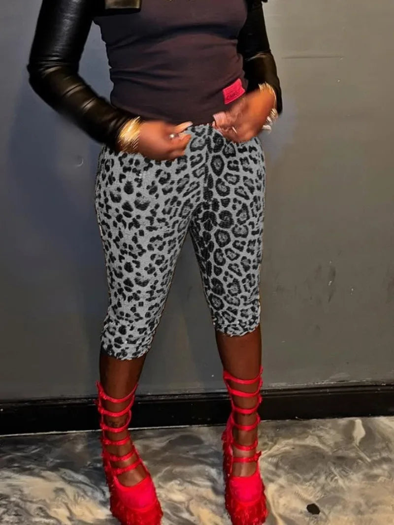 Women's Leopard Print Sequin Shorts – Sexy Knee-Length Clubwear, Slim Fit Party Pants for Evening & Street Style 