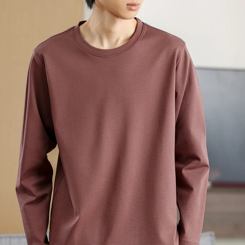 Men's Summer Long Sleeve T-shirt – Solid Color, Round Neck, Casual Style, Made from Mercerized Cotton