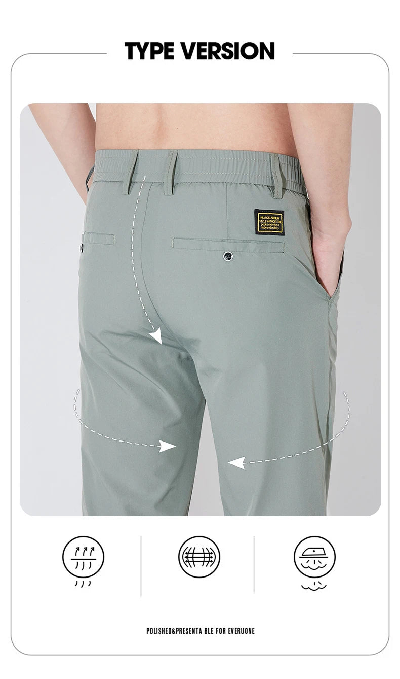 Men's Summer Silk-Feel Stretch Trousers – Lightweight Classic Business Casual Pants with Elastic Waist – Korean Style Smooth Suit Pants in Black or Gray