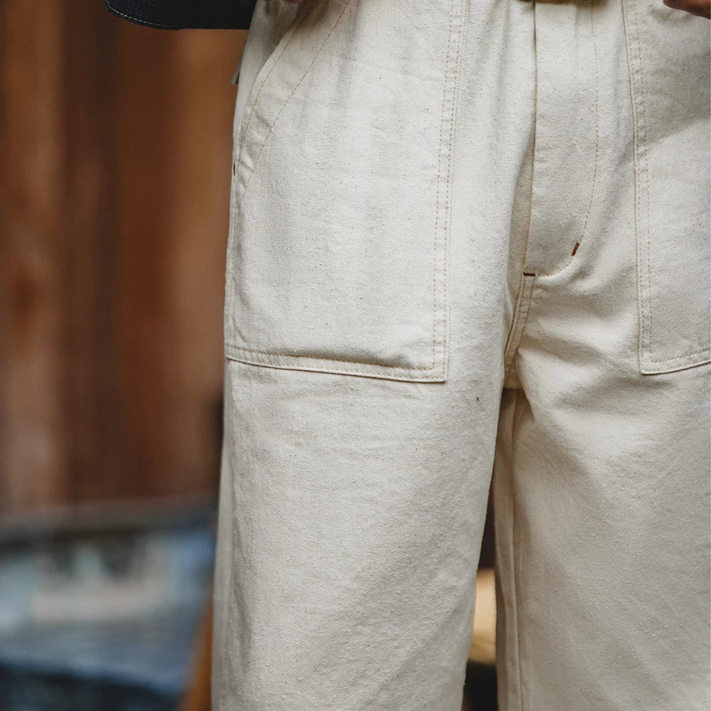 Maden Men's 11.2oz Retro White Cotton Denim Jeans – Loose Straight Fit Casual Long Pants, Streetwear-Inspired Cargo Sweatpants