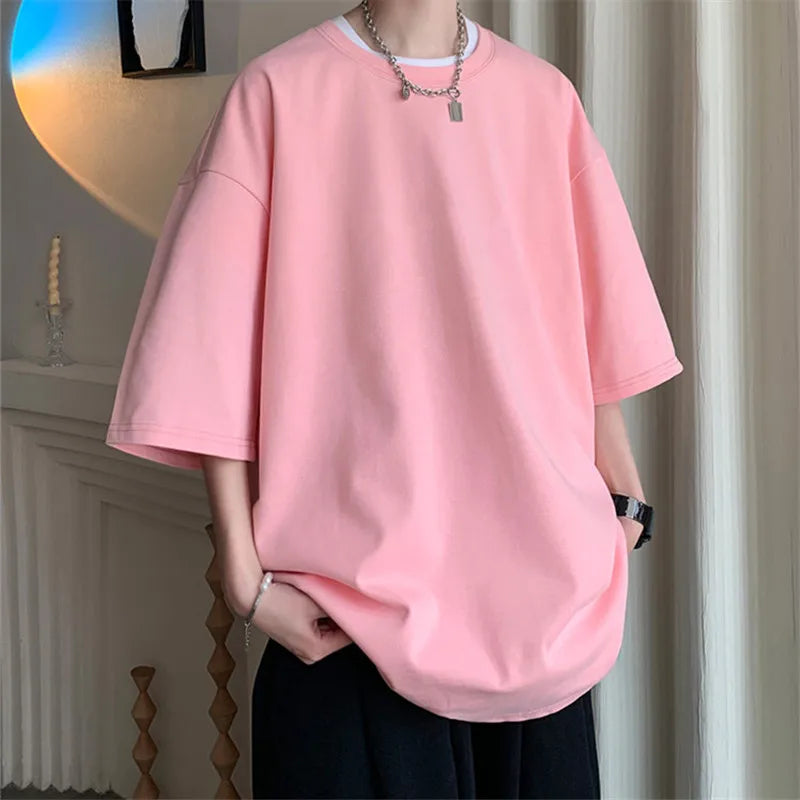 Men’s Summer Cotton T-Shirts – Solid Color, Loose Fit, Casual Short Sleeve Tops in White, Blue – Fashionable Plus Size Tees up to 5XL