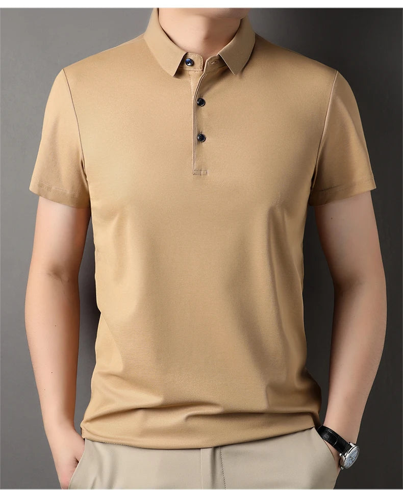 Premium Men's Polo Shirt – Luxury Summer Short Sleeve Casual Top Made with 4.7% Mulberry Silk – Plain Design, Elegant and Stylish 