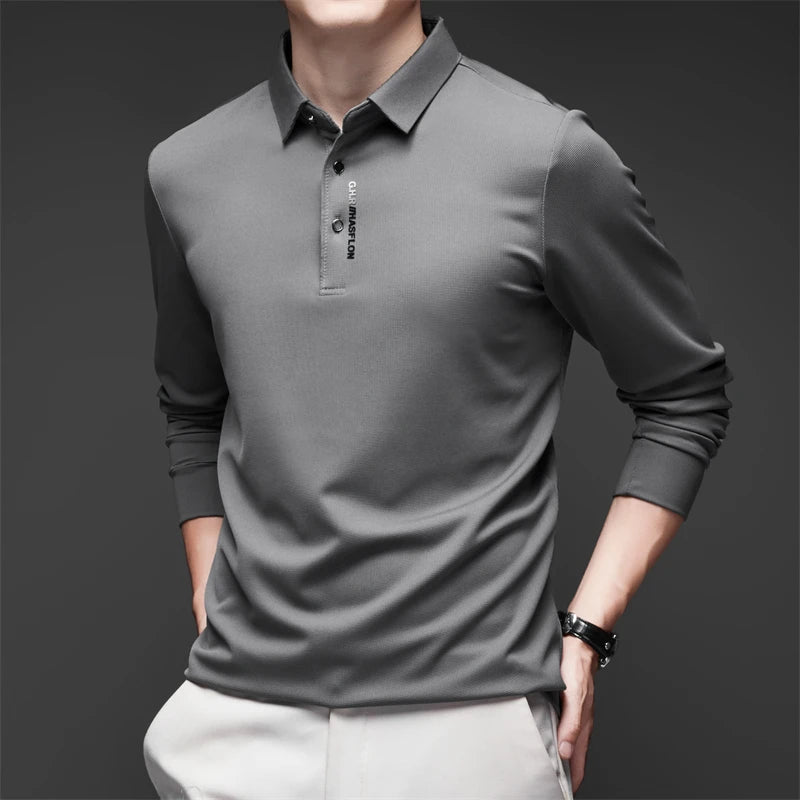Men's Long Sleeve Polo Shirt – Solid Color, Business Casual, Stylish & Breathable Shirt with Badge Design
