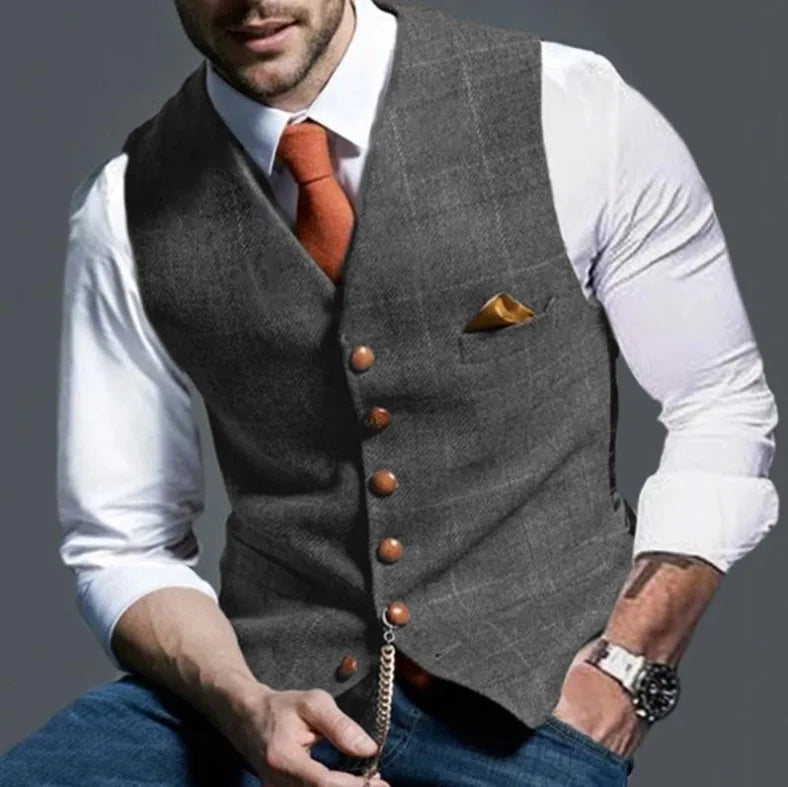 Men's Slim-Fit Plaid Suit Vest – Single-Breasted Casual Waistcoat for Spring & Autumn | European & American Commuter Style