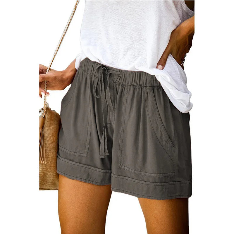 2023 Summer Women's High-Waisted Casual Shorts – European & American Style Lace-Up Loose Fit Twill Wide-Leg Pants 