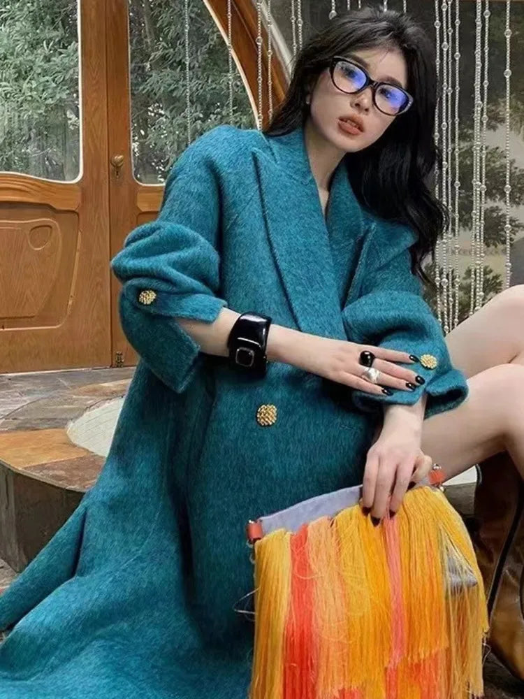 ZMEENNA Elegant Blue Wool Blend Long Winter Coat for Women – Double-Breasted Lapel Overcoat with Loose Fit and Warm Design (Model ZM3425)
