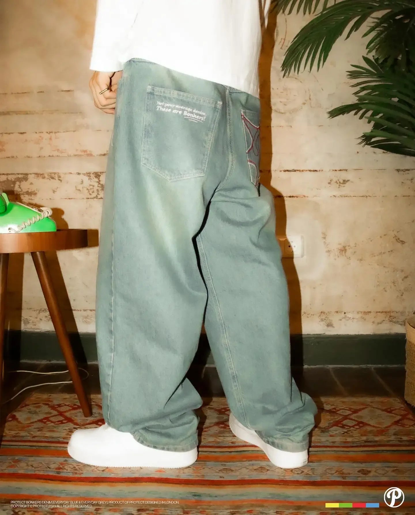 Streetwear PROTECT Embroidered Jeans for Men – Y2K Vintage Blue Baggy, High Waist, Wide Leg Harajuku Hip Hop Pants