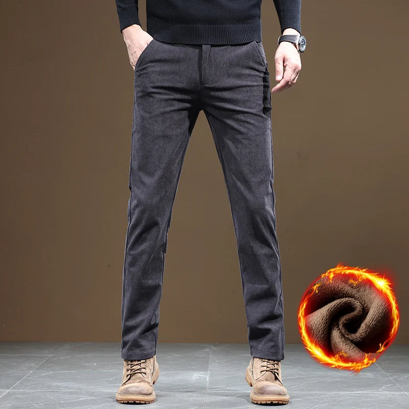 2024 New Men’s Winter Fleece-Lined Corduroy Pants – Slim Fit, Stretchy, Thickened Casual & Business Trousers in Gray & Khaki