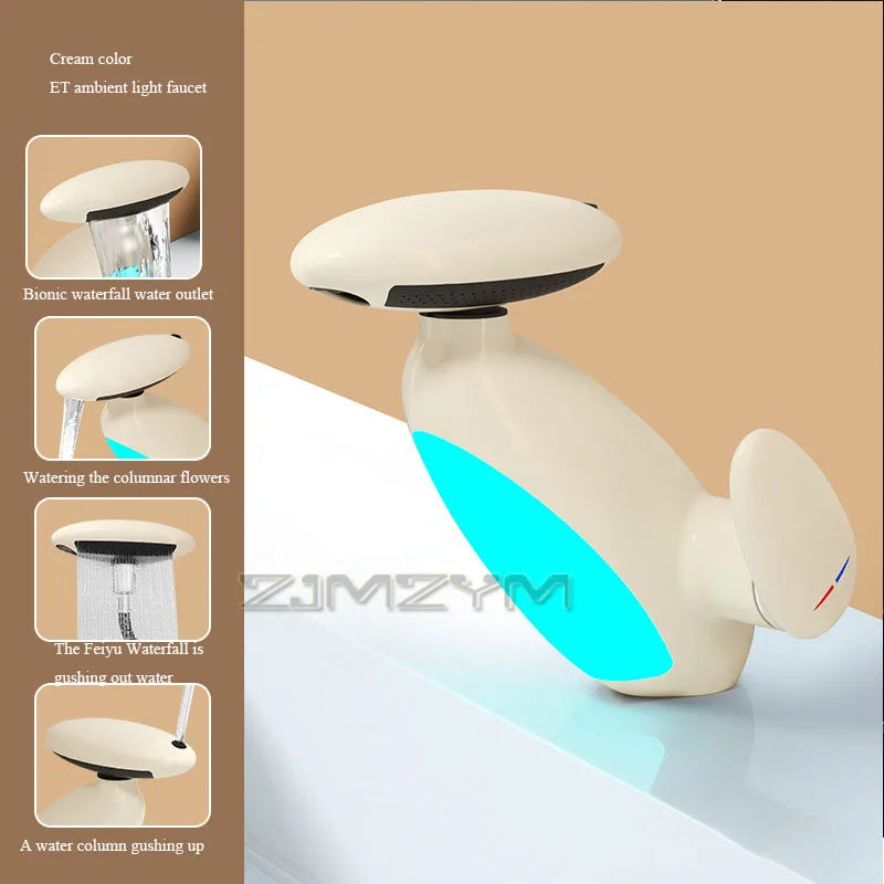 360° Rotating LED Basin Faucet with 4 Water Modes, Pull-Out Spout & Temperature Sensor – Drip-Free Hot & Cold Mixer Tap