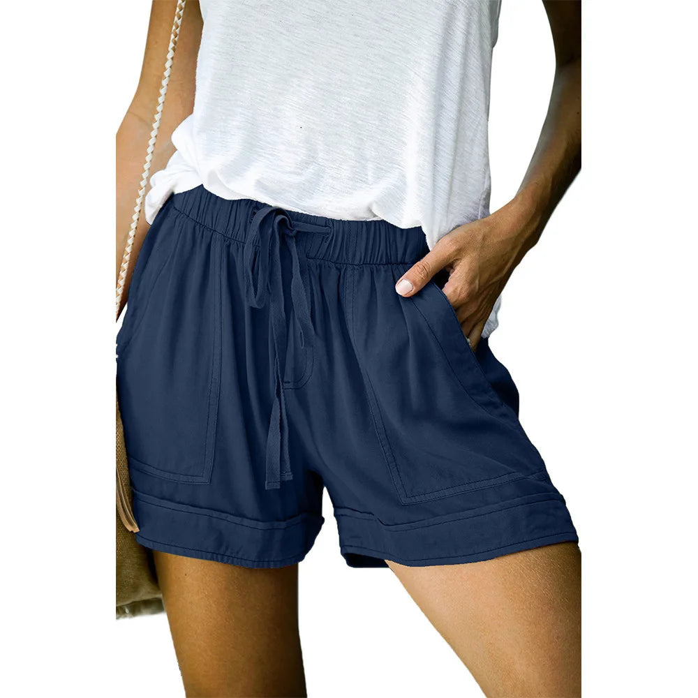 2023 Summer Women's High-Waisted Casual Shorts – European & American Style Lace-Up Loose Fit Twill Wide-Leg Pants 