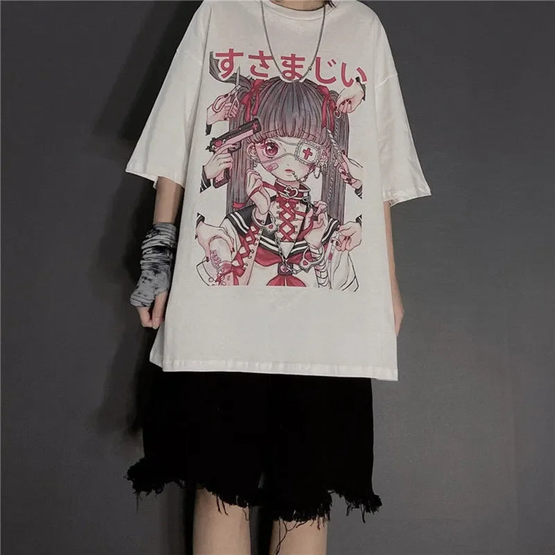 Women's Gothic Harajuku Loose T-Shirt – Aesthetic Dark Grunge Y2K Streetwear Top