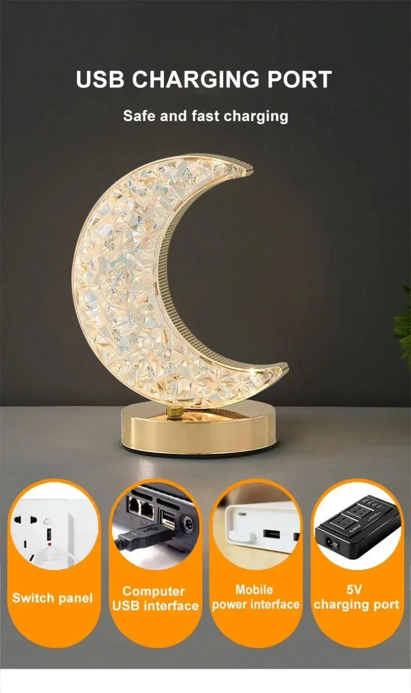 Rechargeable Crystal Touch Dimmable Night Lamp for Bedroom, Girls’ Room, USB LED Ambient Table Light with 3D Moon Design