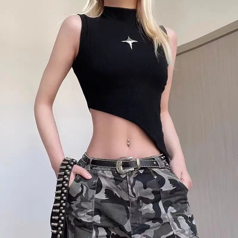 Y2K Style Women's Sleeveless Knit Crop Top – Stretchy Fitted Sweater Vest with High Neck and Asymmetrical Hem, 90s E-Girl Summer Fashion 