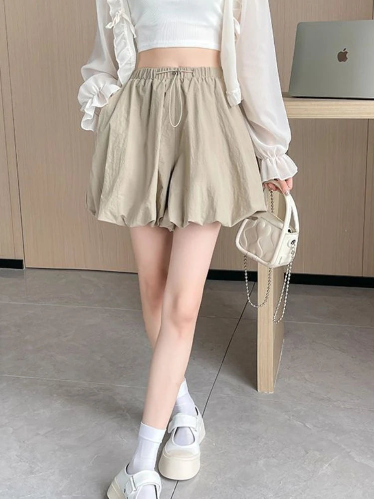 Women's High-Waist Lantern Shorts – Casual Summer Streetwear with Pockets, Relaxed Fit for Students, Youth, and Everyday Wear