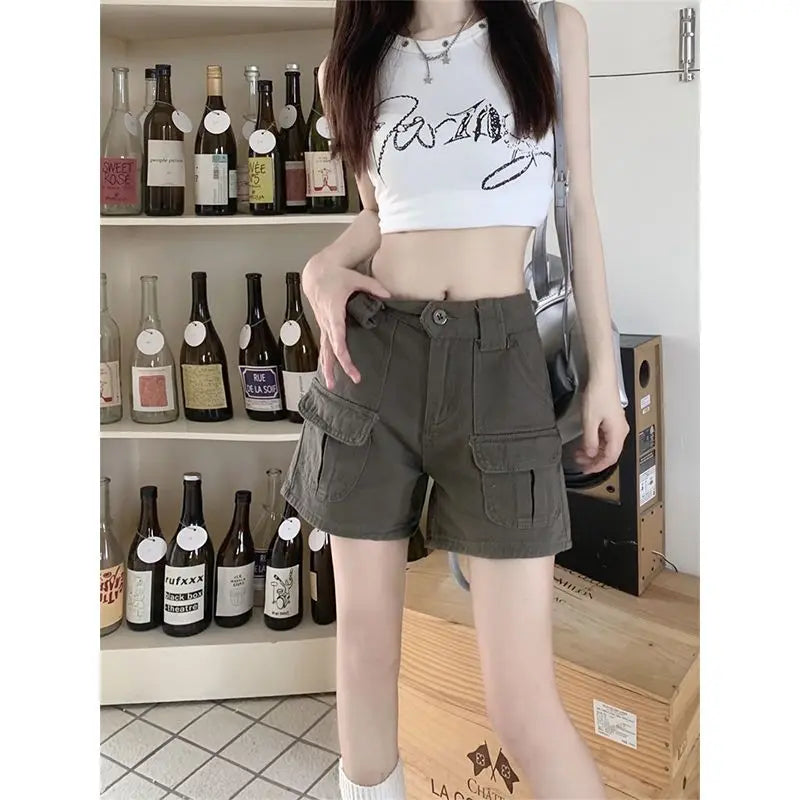 Women's Retro Mid-Waist Cargo Shorts – Casual Summer Streetwear with Pockets