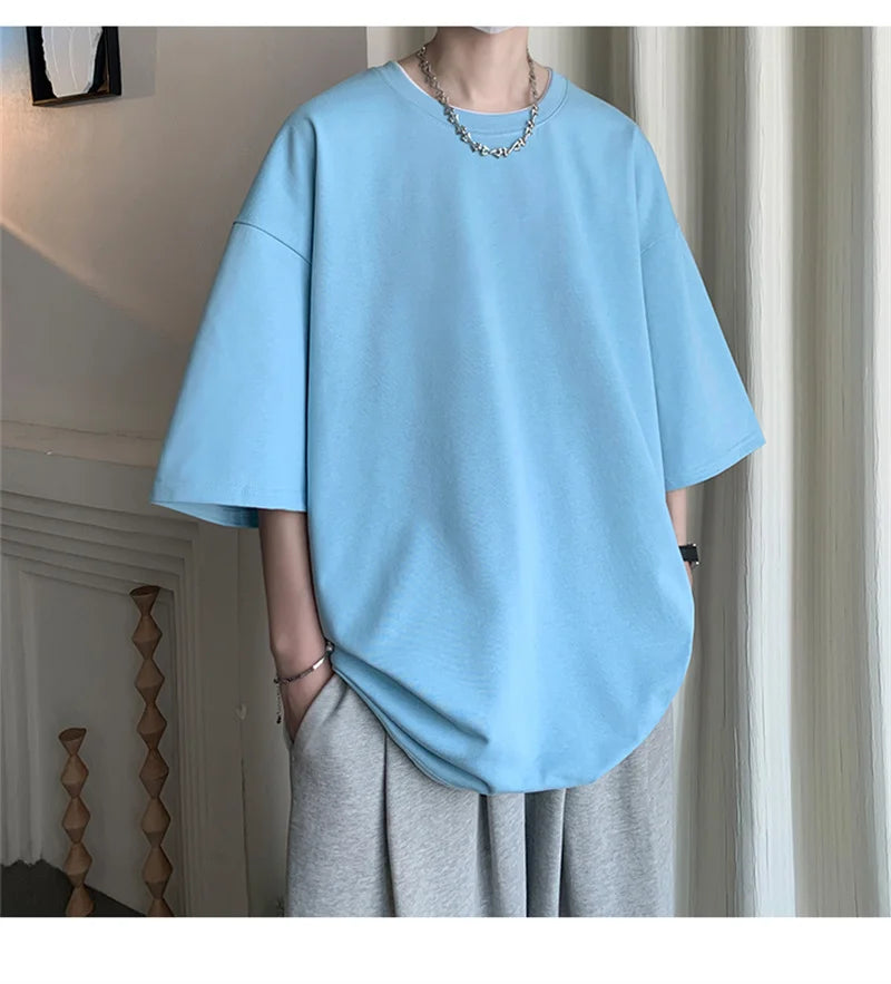 Men’s Oversized White Cotton T-Shirt – Solid Color Summer Casual Fashion Tee, Size up to 5XL