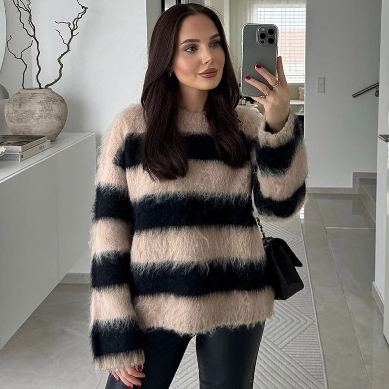Women's Cozy Mohair Striped Knit Sweater – Warm O-Neck Pullover with Full Sleeves, Autumn 2025 Fashion