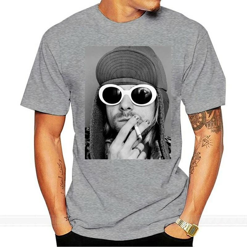 Black Kurt Cobain Smoking Graphic Tee - Nirvana, Dae, Grohl Inspired Grunge Punk Shirt for Men, Popular Kawaii Style