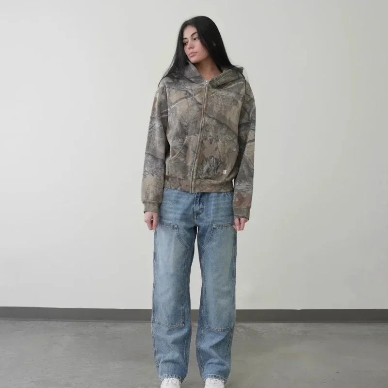 Y2K Camouflage Leaf Print Hoodie – Unisex Retro Streetwear Loose Fit Hip Hop Sweatshirt for Men & Women