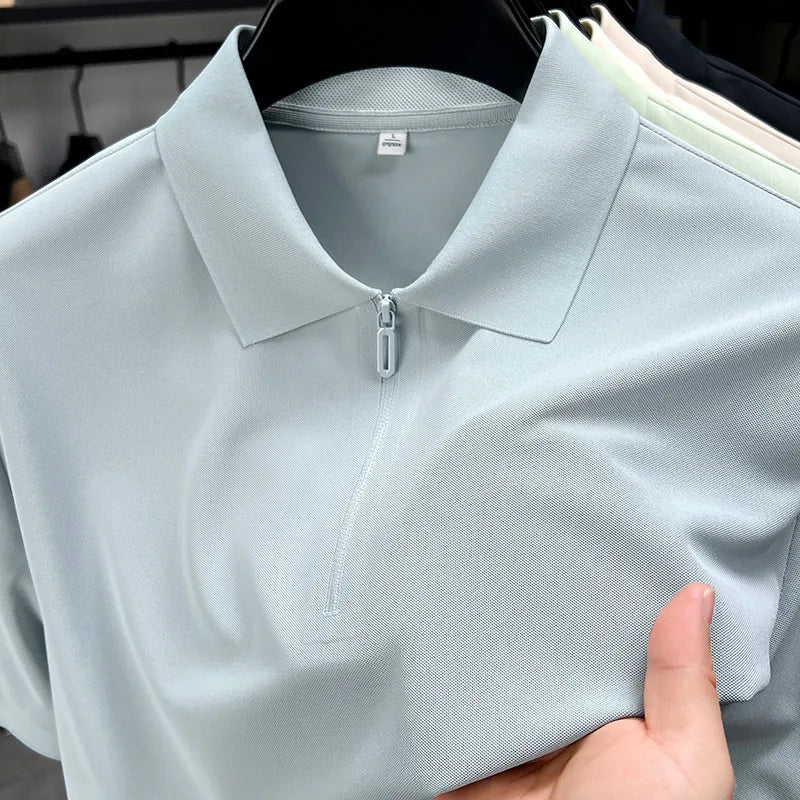 Men’s Slim Fit Half-Zip Polo Shirt – Light Beige Stretch Cotton Casual Top with Classic Collar