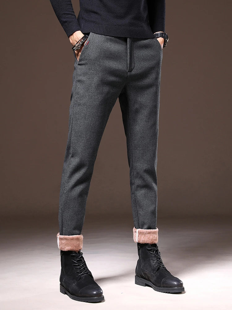 Men's Winter Fleece-Lined Slim Fit Pants – Thick Warm Straight-Leg Casual Business Trousers (Sizes 28-38)