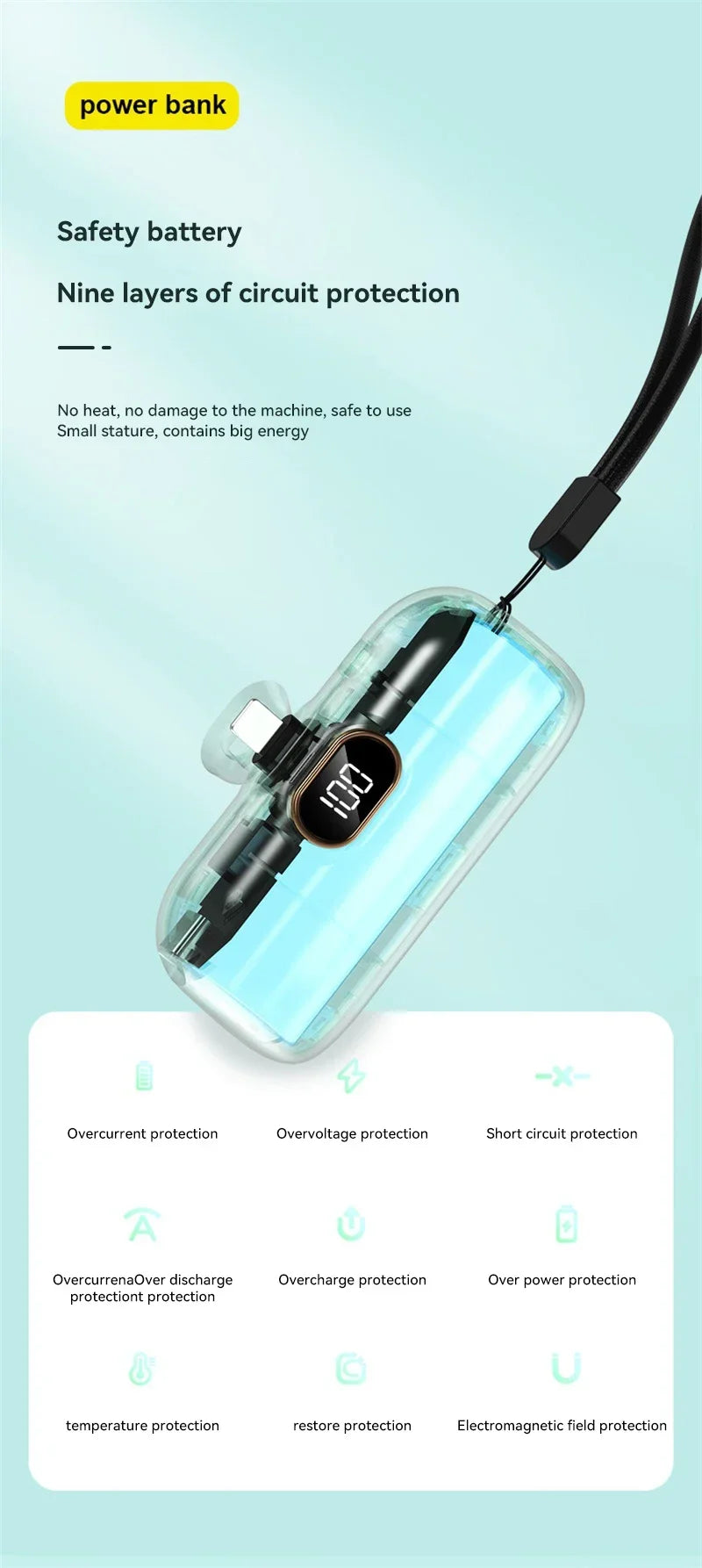 Mini 10000mAh Portable Power Bank with Built-in Cables – Compact External Battery Charger for iPhone & Type-C Devices