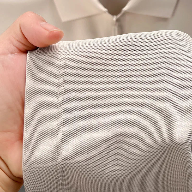 Men’s Slim Fit Half-Zip Polo Shirt – Light Beige Stretch Cotton Casual Top with Classic Collar