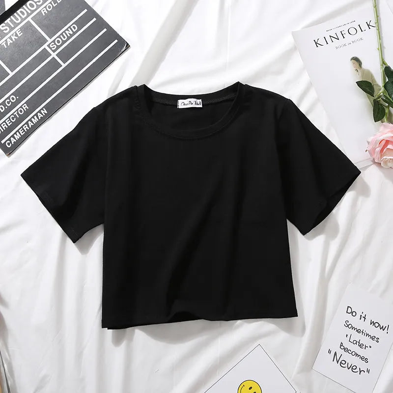 Women’s Summer Casual Cotton Short Sleeve Crop Top – Solid Color O-Neck Loose Fit T-ShirtT