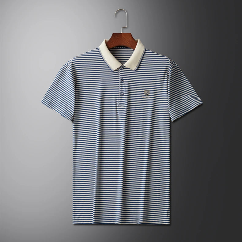 Premium Cotton Men's Summer Polo Shirt – 2024 Soft Short Sleeve Tee with Stripe Accents & Brand Badge Design