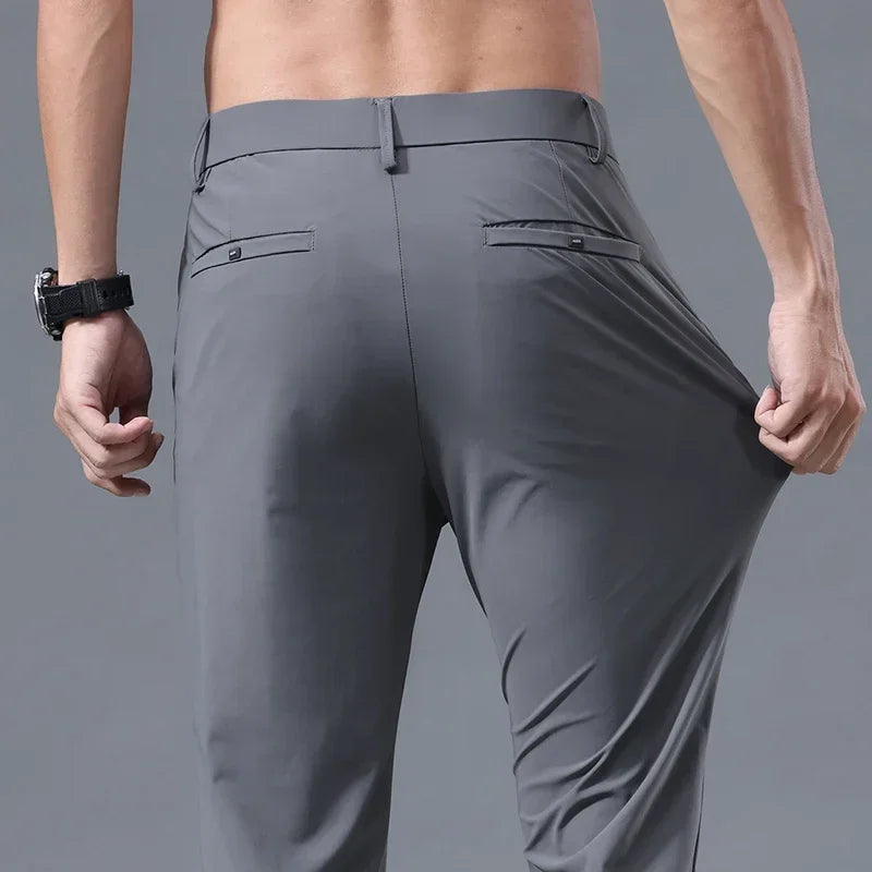 Men's Summer Lightweight Stretch Suit Pants – Slim Fit Korean Style Business Casual Trousers with Elastic Waist