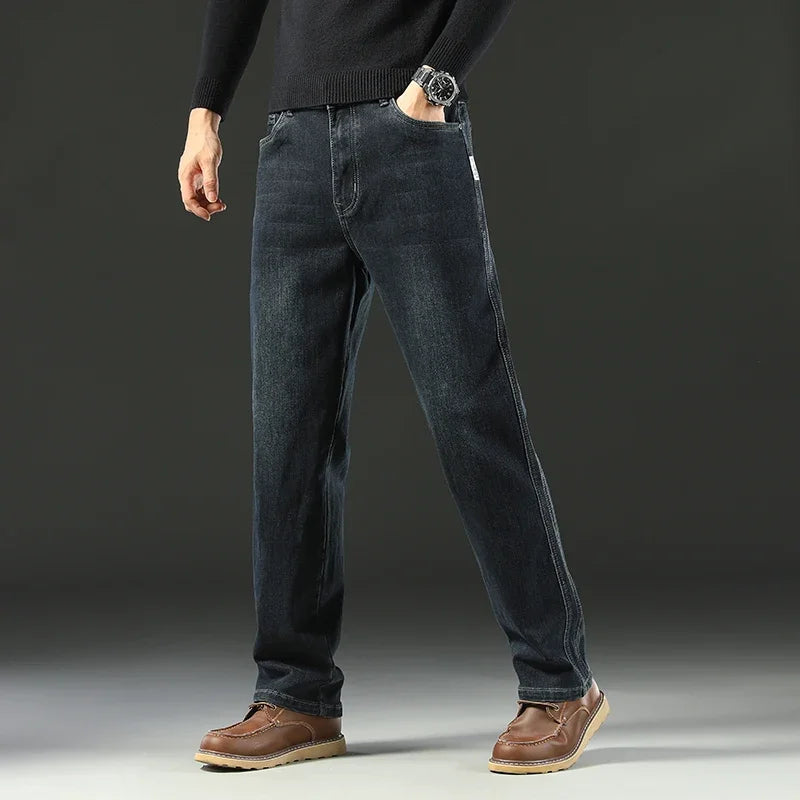 2025 Spring Men's High-Waist Spliced Washed Denim Jeans – Loose Straight Fit Stretch Cotton Blend Casual Brand Trousers 
