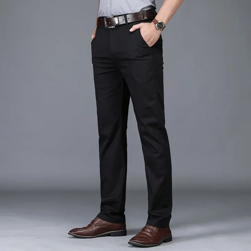 Men's Lightweight Summer Slim-Fit Suit Trousers – Business Casual Cotton Pants in Green, Black, and Khaki (Sizes 30–40)
