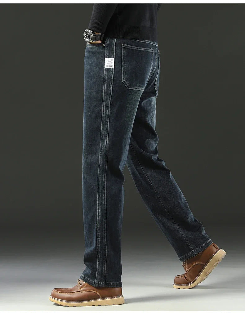 2025 Spring Men's High-Waist Spliced Washed Denim Jeans – Loose Straight Fit Stretch Cotton Blend Casual Brand Trousers 