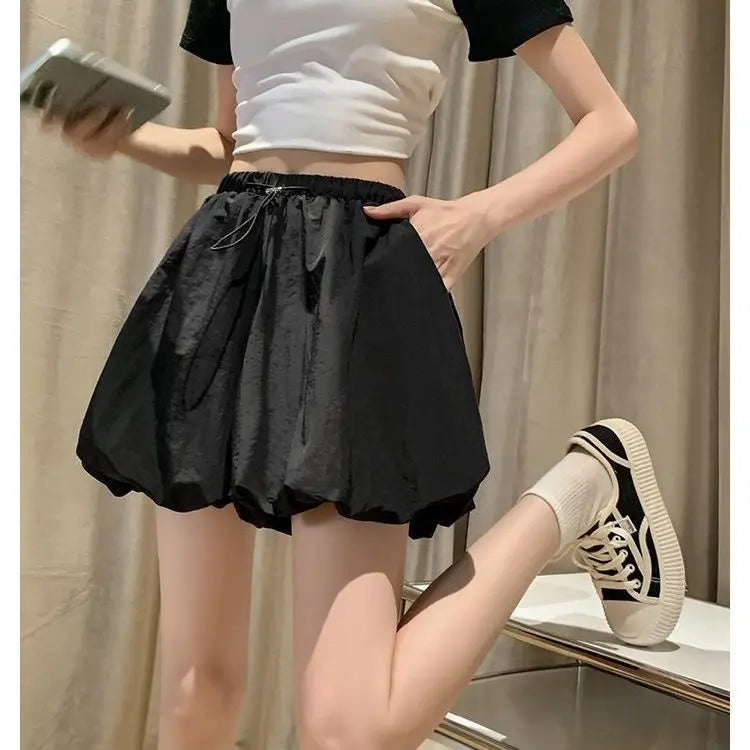 Women's High-Waist Lantern Shorts – Casual Summer Streetwear with Pockets, Relaxed Fit for Students, Youth, and Everyday Wear