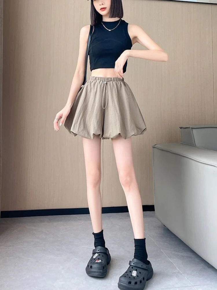 Women's High-Waist Lantern Shorts – Casual Summer Streetwear with Pockets, Relaxed Fit for Students, Youth, and Everyday Wear