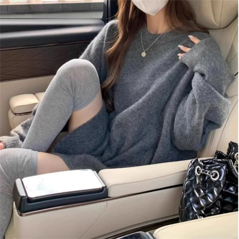 Korean Style Mid-Length Loose Knit Sweater for Women – Casual Solid O-Neck Pullover for Autumn/Winter Streetwear