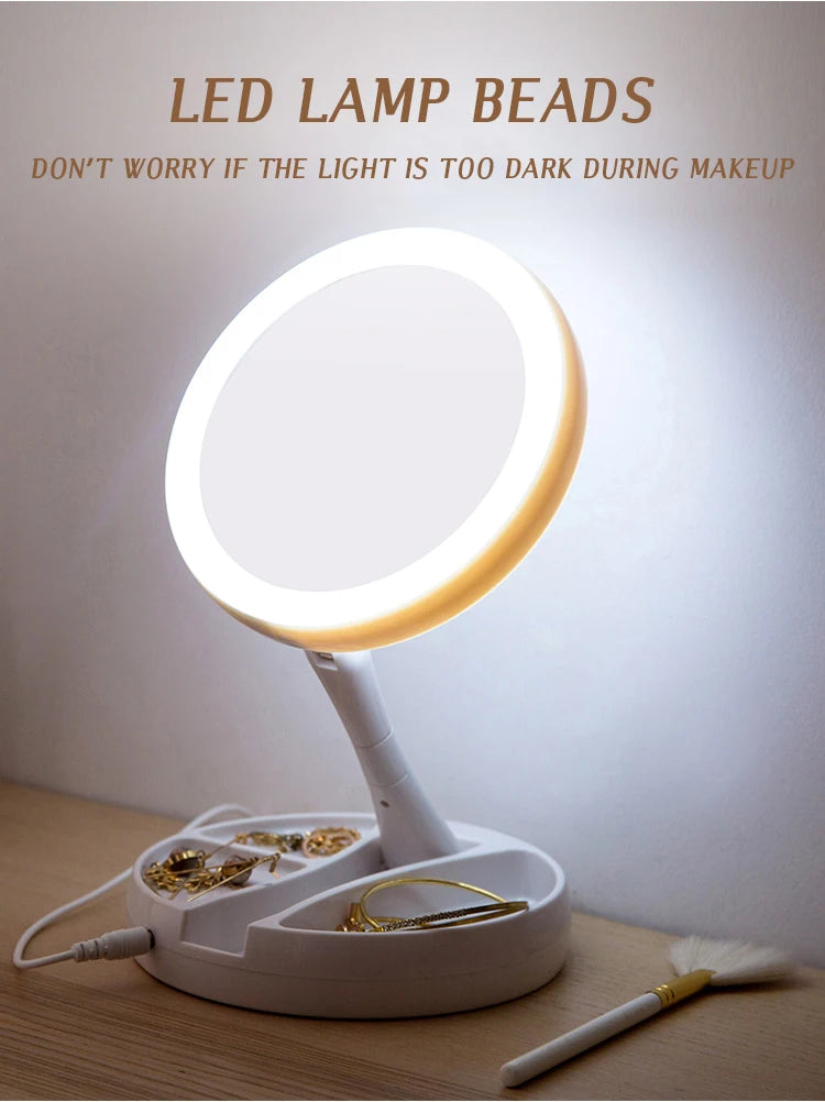 Dual-Powered LED Makeup Mirror – Portable Double-Sided Mirror with 10X Magnification, Battery/USB Operated