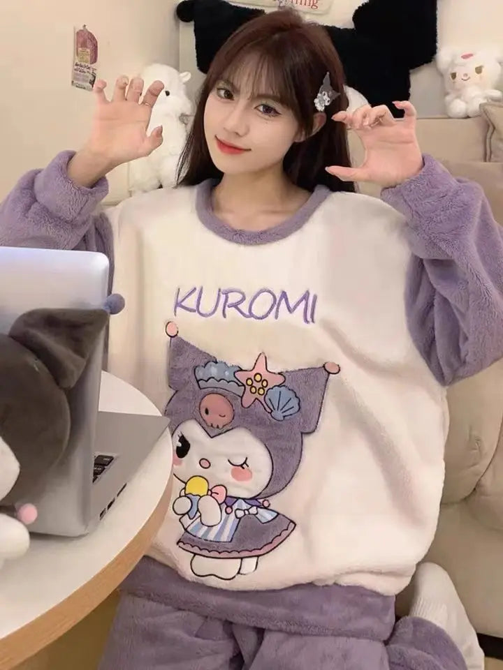 Y2K Hello Kitty Winter Flannel Pajama Set for Women – Cozy Cartoon Loungewear, Loose Fit, Warm Homewear Suit