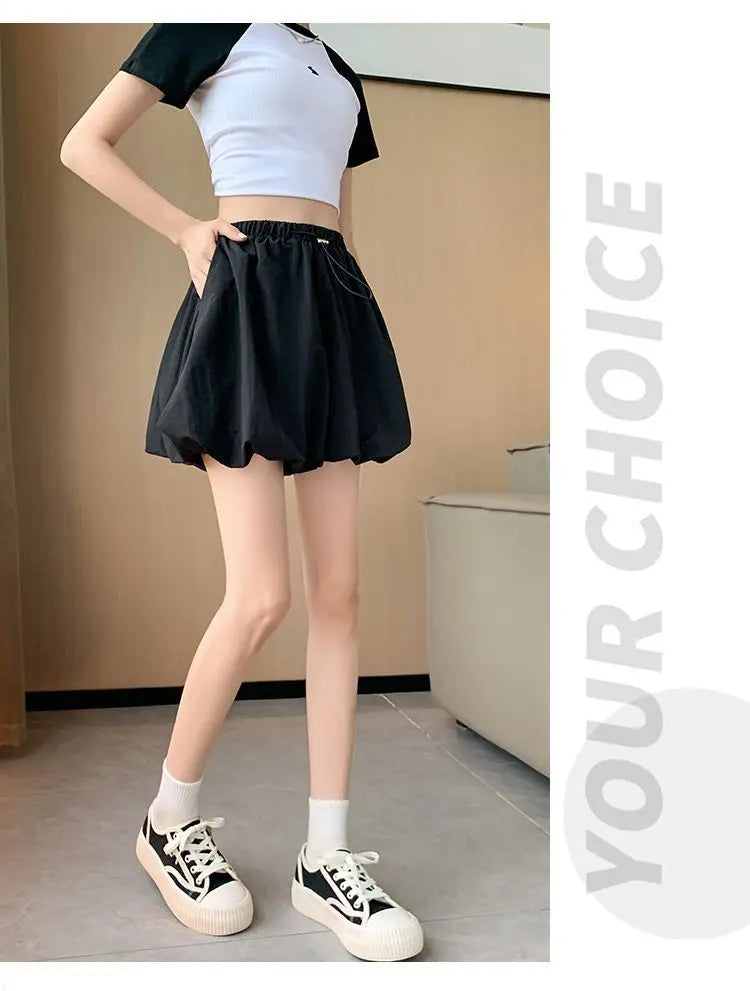 Women's High-Waist Lantern Shorts – Casual Summer Streetwear with Pockets, Relaxed Fit for Students, Youth, and Everyday Wear