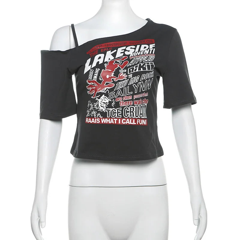 Y2K Off-Shoulder Gothic Crop Tee – Women’s Punk-Inspired Letter Print T-Shirt, Harajuku Aesthetic Grunge Streetwear, Slim Fit Summer Top