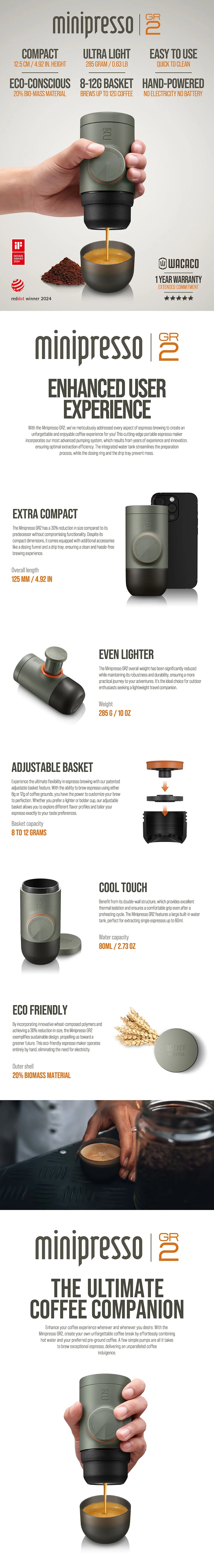 WACACO Minipresso GR2 Portable Espresso Maker – Outdoor Travel Coffee Machine Compatible with Ground Coffee – Ideal for Camping & Gifts